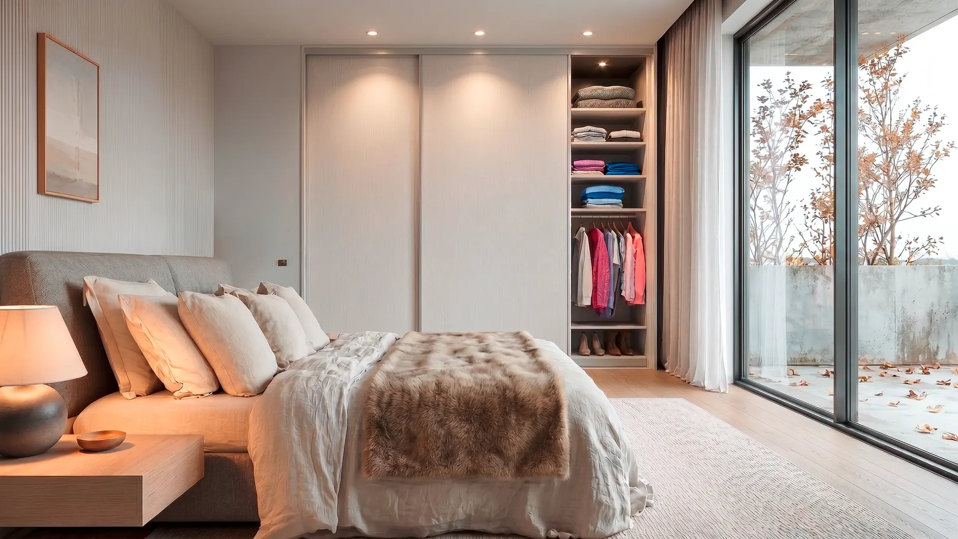 Schlafzimmer mit raumhohem Wandschrank in Filo Cashmere