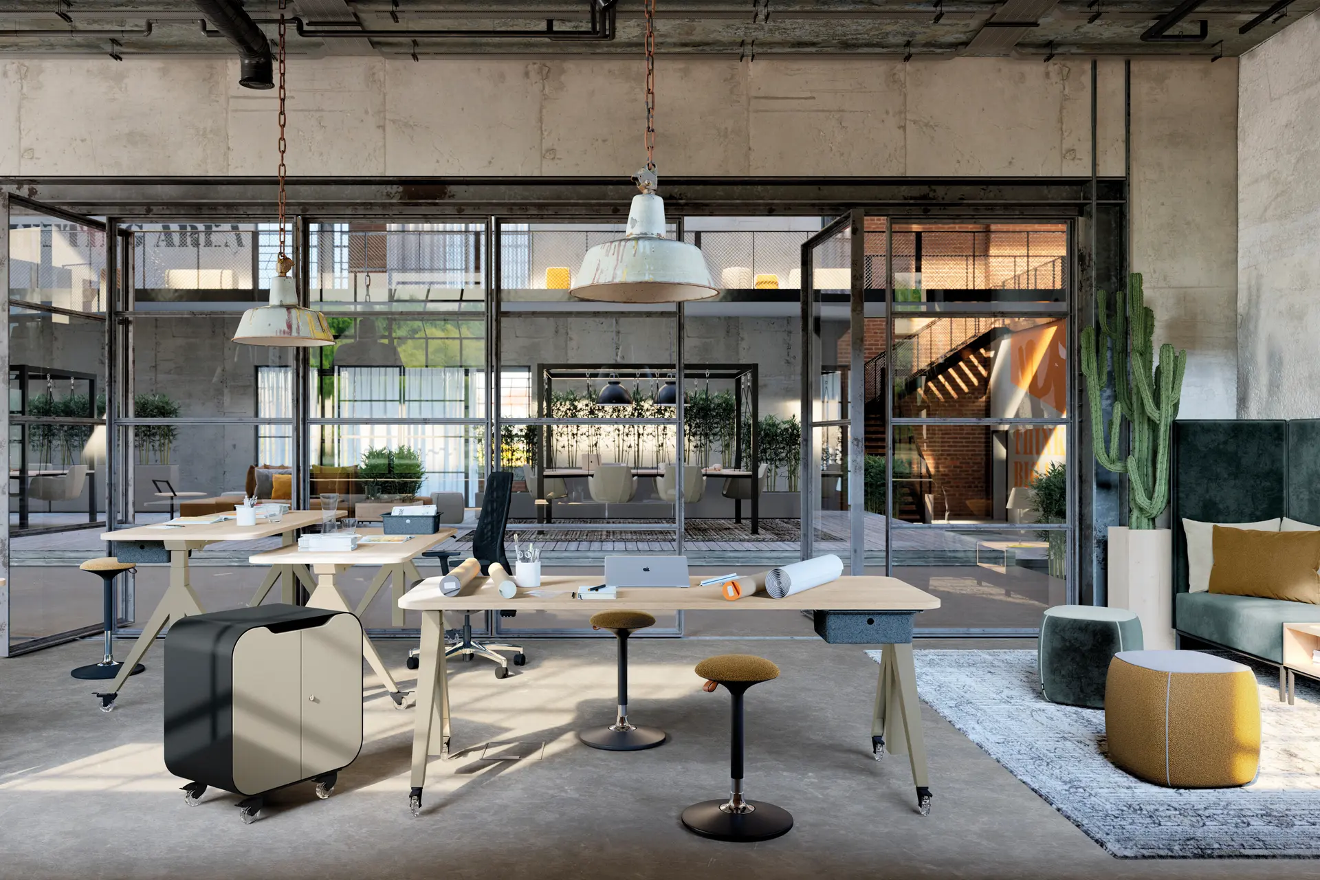 Loft-Büro mit Schreibtischen Active 2.0, Rollcontainer, Sitzhockern und Lounge-Ecke